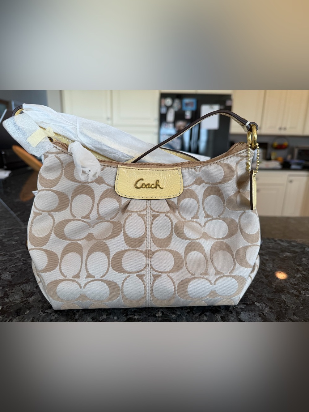 Coach Beige Signature Jacquard Shoulder Bag with Pale Yellow Trim